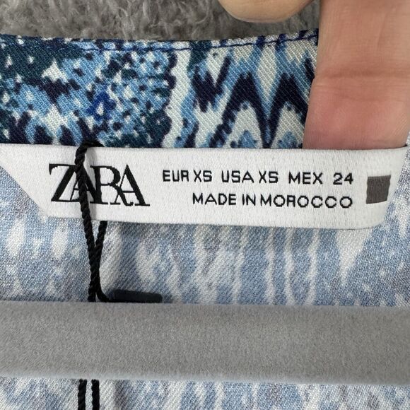 Zara Dress XS Blue White Animal Print Mini A-Line V-Neck Long Ballon Sleeves NWT - Picture 2 of 14